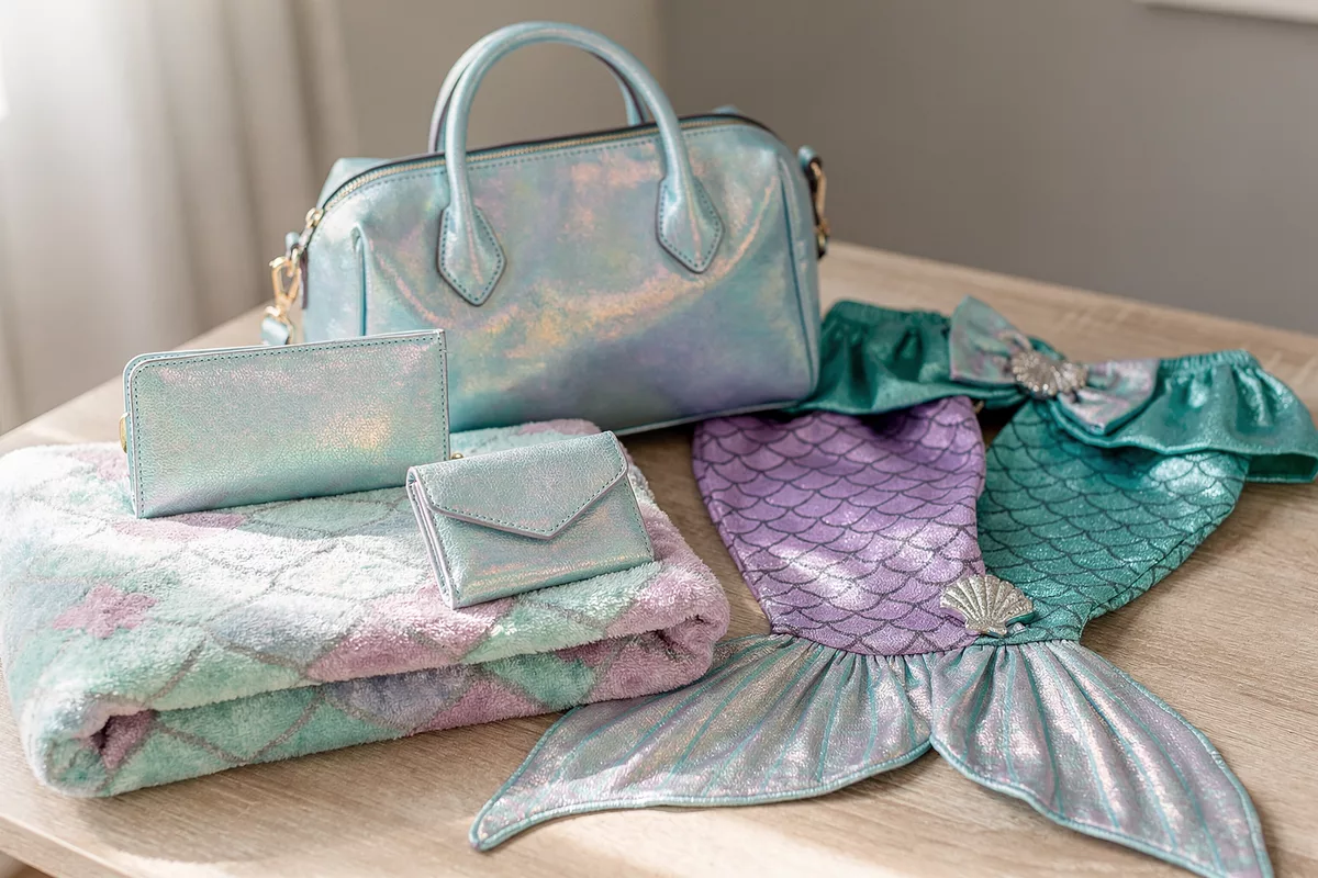 Différents accessoires sirène présentés ensemble, incluant sacs, porte-cartes, plaids et déguisements.