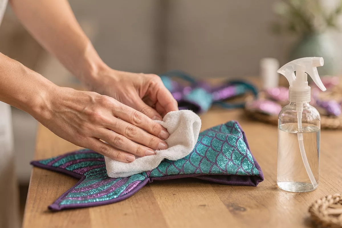Nettoyage d’un accessoire sirène en tissu à la main avec un chiffon doux.